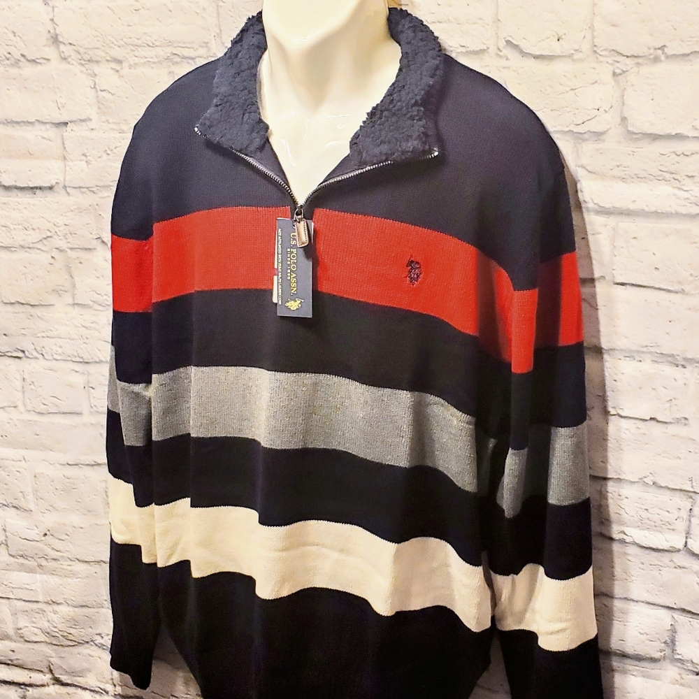 New! U.S. Polo Assn Men's Blue Red White Striped Quarter Zip Sweater | Size XL